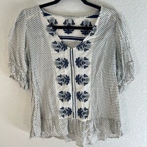 Lucky Brand Floral Polka Dot V-Neck Top Navy and Cream